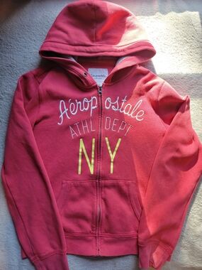 Aeropostale Girls Coral Pink Hooded Zip Sweatshirt with NY Graphic
